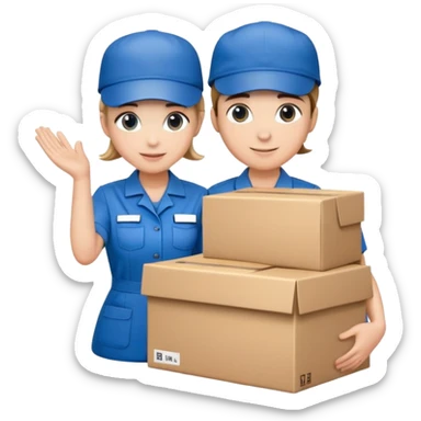 two suppliers in blue work uniforms wearing hat-style caps holding a big box together sticker
