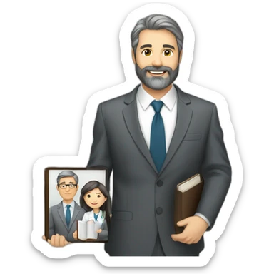 husband caucasian age 55 dark gray hair trimmed beard wearing business suit holding bible, wife asian age 55 dark hair nurse uniform, no children sticker