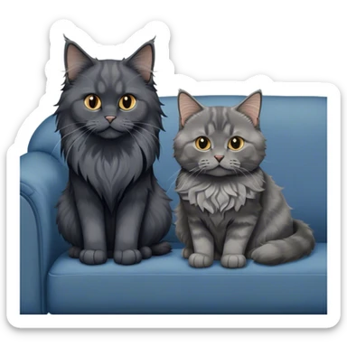 Portrait of a black smoke Maine Coon cat with long grey ear tufts, alongside a British Shorthair cat with a solid blue coat on sofa. Both cats with detailed fur textures and playful expressions. Soft, elegant background of room with warm, natural tones. Transparent background. sticker