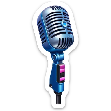 Create a vibrant and dramatic emoji that represents pop stage performance, focusing on the equipment and stage atmosphere. The design should feature a close-up of a professional stage microphone, shining brightly with sparkling details. In the background, show a part of the stage with dramatic stage lighting, illuminated with colorful spotlights and a festive firework-like salute or confetti to convey the energetic atmosphere of a live performance. Use neon colors like electric blue, pink, and silver to highlight the glamour and excitement of the stage. The background should be transparent. sticker