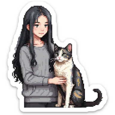 Beautiful girl with long black hair petting a gray and blonde mixed cat sticker