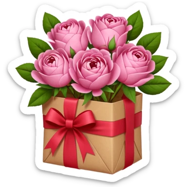 Bouquet of pink flower like rose and peony wrapped in kraft paper with red bow sticker