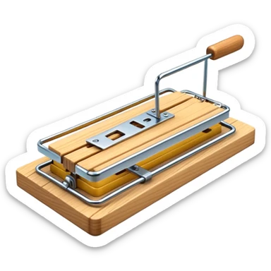 A 3D emoji in iOS emoji aesthetic style of a classic mousetrap without cheese, showing a wooden base and metal spring mechanism, clean minimal design, bright lighting, glossy Apple-style look, white background. sticker