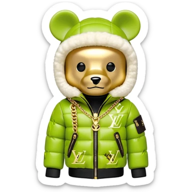 traditional cube-shaped bearbrick toy with squared head, lime balaclava with graffiti logos and integrated dark visor shield, Louis Vuitton monogram puffer jacket with plush fur hood trim, gold chains sticker