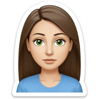 43. year old Adult woman avatar, light skin tone, long, oval face, long straight ashy brown hair, green almond-shaped eyes with dramatic eyelashes and minimal eyeliner, neutral mouth, medium straight eyebrows, small nose, smooth skin, sky blue shirt sticker