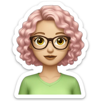 White Girl pink glasses green eyes wavy dark brown curly bob hair fringe sticker