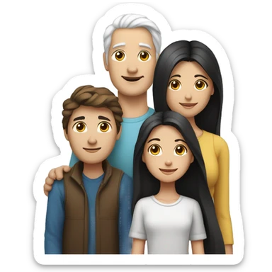  a woman with long brown hair, a man with white hair and a round face, and a young girl with long black hair standing between them, representing a family unit sticker