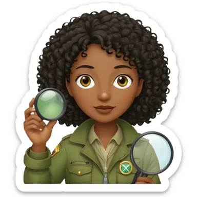 dark skin curly black haired middle-aged woman in moss green explorer outfit, holding magnifying glass sticker