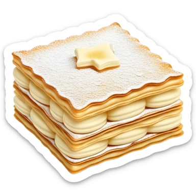 Cinematic delicate mille-feuille, thin crispy pastry layers filled with smooth vanilla cream, dusted with powdered sugar, elegant presentation, highly detailed and sophisticated. sticker