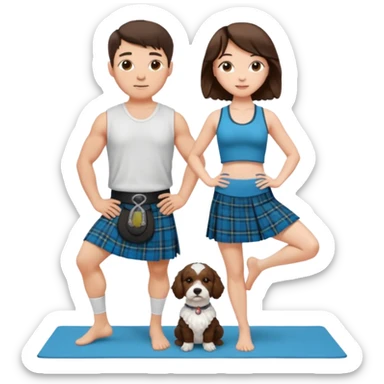 emoji of brunette man wearing kilt, brunette woman in yoga outfit and white cockapoo sticker