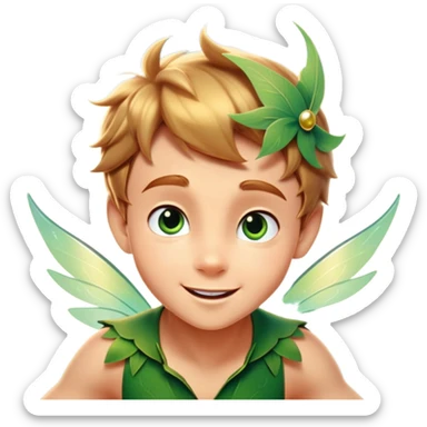 cinematic-realistic-peter-pan-portrait, head tilted dramatically with an exaggeratedly amused expression and sparkling eyes brimming with playful mischief, his iconic outfit rendered in vivid detail with dynamic shadows, soaring through the air flying next to a glowing Tinker Bell, whose delicate wings leave a trail of shimmering pixie dust across a whimsical sky. sticker