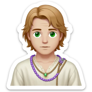 Medieval spring outfit worn by a DnD themed fantasy male character. Pearl white linen tunic with lavender thread detailing at the yoke, secured with a hand-twisted hemp rope belt. Clothes only above the waist, full waist coverage. The character has no arms. Character is white-skinned with caramel brown hair, violet-flecked green eyes, and shoulder-length hair with loose waves. sticker