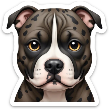 Cinematic Noble Black/Brindle Staffordshire Bull Terrier Portrait Emoji, Poised and regal, with a compact, muscular build and a sleek, well-groomed Fur featuring a striking mix of black and brindle patterns, deep-set soulful dark eyes, Simplified yet sharp and sophisticated features, highly detailed, glowing with a soft, dignified glow, high shine, intelligent and loyal, stylized with an air of strength, focused and attentive, soft glowing outline, capturing the essence of a watchful and confident guardian, so majestic it feels as though it could stride out of the screen with effortless authority! sticker