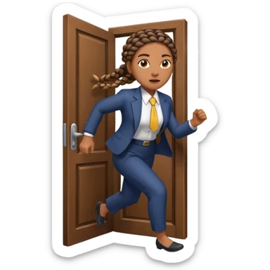 brown skinned female with braids in business attire running out of door sticker