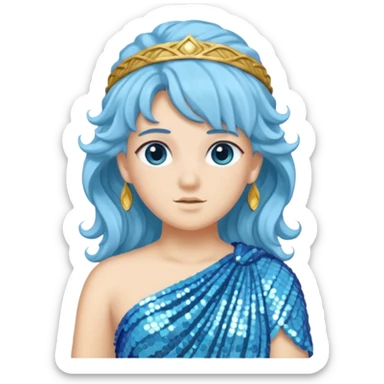 Athena from Roman Deities with long light blue wavy hair, light blue sequin toga sticker
