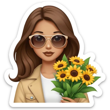 cool girl with long brown hair holding a bouquet of flowers, sunglasses, trendy sticker