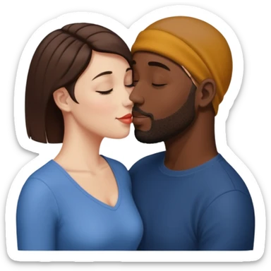 a white woman with short brown hair and a black man with no hair and a beard are facing one each other and the woman is giving a kiss to the man's forehead sticker