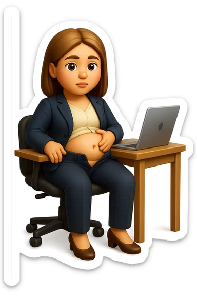 emoji stile iphone di una donna seduta alla scrivania dell'ufficio in completo elegante con i pantaloni sbottonati perché ha la pancia gonfia, falla a corpo intero, iperrealistico 4k sticker