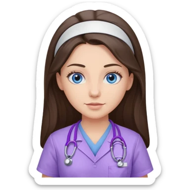 pretty brunette nurse with long hair and blue eyes in lilac scrubs sticker