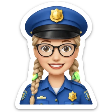 happy white woman police with braided hair wearing hat, glasses  sticker