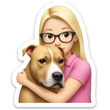 blonde haired girl with clear glasses and a pink shirt hugging a blonde American pit bull sticker