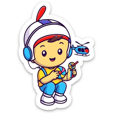 happy kid with helicopter hat eating candy sticker