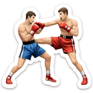 An icon symbolizing kickboxing, featuring two fighters in the midst of an intense match. One throws a powerful roundhouse kick, while the other counters with a punch. The background shows a ring, with ropes and a cheering crowd. Transparent background highlights the action and strength sticker