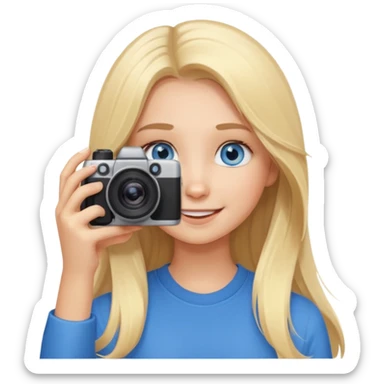  blue eyes blonde girl photographer cartoon taking picture in middle of taking picture camera in front of face long hair smiling funny flash professional, camera in front of face sticker