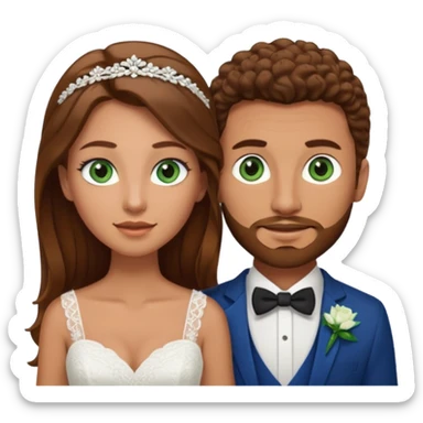 wedding couple, woman has long straight brown hair and green eyes, man has short light brown curly hair and facial hair with blue eyes sticker