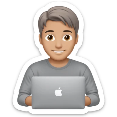 A man in his mid 20s, middle part average dude with slightly droopy eyes, happy, using a MacBook (no logo), hero for an iOS developers website sticker