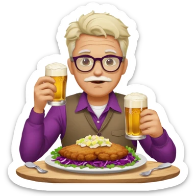 Man with wire framed glasses german eating schnitzel, red cabbage, sauerkraut, potato salad, and beer sticker