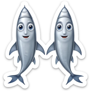two whole sardines side by side, silvery skin, blue-gray tones, fine scale texture, slim elongated bodies, pointed heads, visible eyes, slightly curved tails, soft lighting, emoji scale sticker