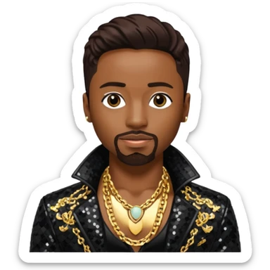 Teddy Riley with dark brown hair, black sequin jacket, shirtless with necklace  sticker