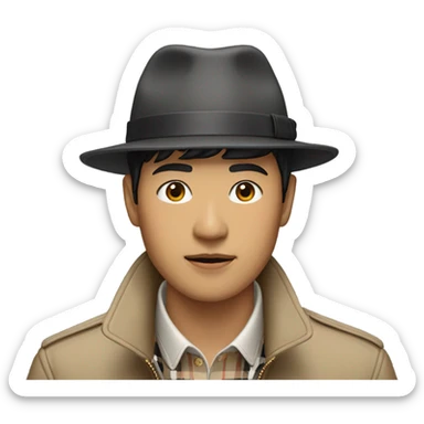 Asian man wearing burberry jacket with hat sticker