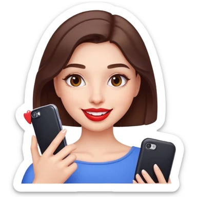 A girl with a phone takes a selfie and sticks out her silicone lips sticker