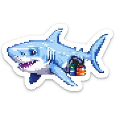 shark with sneakers on fins, fun and quirky pixel art sticker