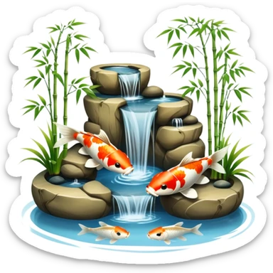 Romantic Asian koi fish pond and bamboo fountain scenic scenery landscape deco sticker