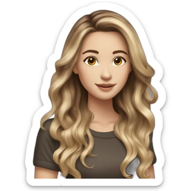 White girl with long voluminous brown hair with blonde highlights balayage sticker