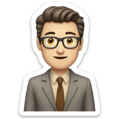 To belt Actively gesturing with hands Pale skinned fit man teacher with dark brown hair in gray jacket, beige office shirt, brown tie, brown pants and vintage glasses. sticker