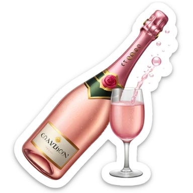 bottle of sparkling rose champagne tilted up and to the right sticker