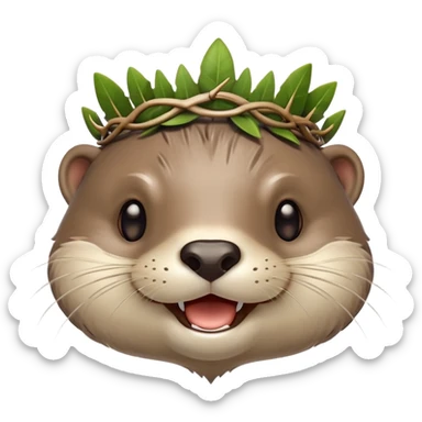 really cute smiling joyful otter face in three-quarter profile view with simple thorny stem wrapped horizontally around its forehead like Jesus Christ's Crown of thorns, Apple emoji style, glossy finish, polished look sticker