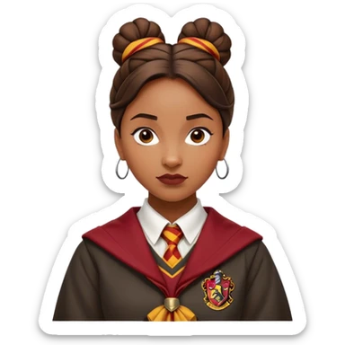 Angelina Johnson in harry potter, wear hogwarts gryfindor uniform,  thick, brown knot bun hair , reflecting her bold, stylish, and strong personality sticker