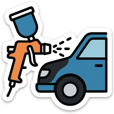 paint spray gun pointing at a section of a car, light layer of glossy black paint spraying out, main color glossy black with silver details, clean lines, modern and clean style, no excess paint sticker