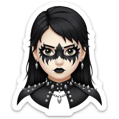 Crea una ragazza con stile black metal,  paint face black metal, capelli neri, mossi dalle spalle e occhi bianchi e un collare con borchie a punta sticker