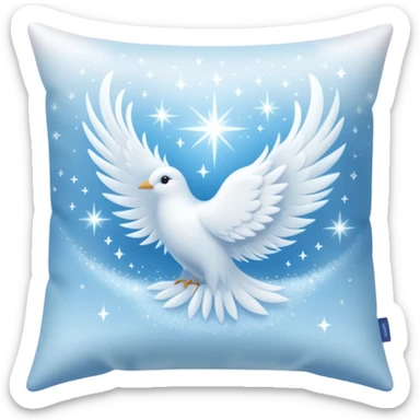 magical ethereal white pillow emoji, shimmering with a hint of icy blue and silver light, surrounded by soft airy feathers and tiny sparkles, with a soothing frost aura sticker