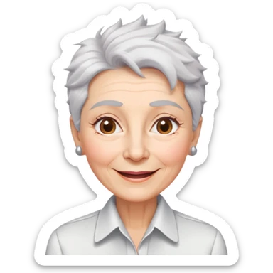 Senior version of Marian Pabón with defined facial structure, light pinkish skin showing age, almond eyes, arched eyebrows, charismatic wide smile, short spiky white-gray hair, more pronounced aging features, wearing a formal white buttoned shirt sticker