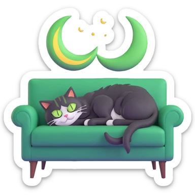tricolor fluffy cat with big green eyes sleeping on a sofa with a moon above her sticker