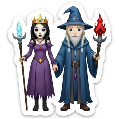 An attractive Alaskan princess, full body, Standing next to a wizard In the style of your bleeding skull art. Dark gritty and menacing  sticker