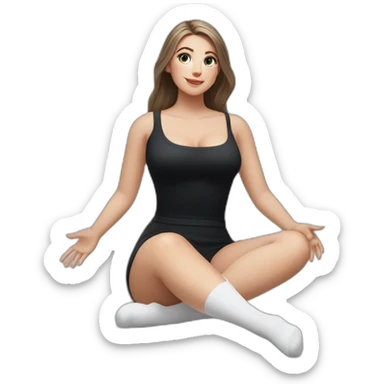 Front view full body curvy caucasian beauty sits on the floor straight hands up black skirt white knickers white socks sticker