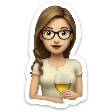 A white girl with brown hair and glasses, drinking a glass of white wine. sticker
